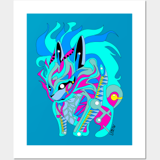 light blue rabbit kaiju in rainbow electric colors in mexican patterns Posters and Art